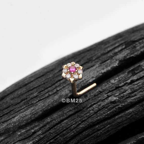14 Karat Gold Glistening Multi-Gem Flower Sparkle L-Shaped Nose Ring - Red Gem - Picture 1 of 2